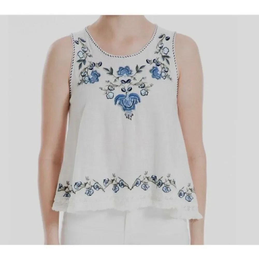 NWT Max Studio Women's White Floral Embroidered Lace-Trimmed Tank Top XS